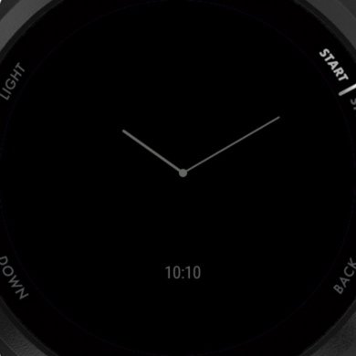 Always-on mode: a sparse gray analog and digital clock on black.