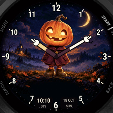 Halloween Hands: a glowing pumpkin character points to 10:10, surrounded by clear white numbers in a moonlit landscape.